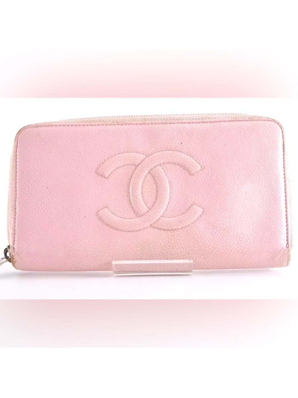 Chanel Wallet Timeless CC Zip Around Zippy Caviar Leather Ballerina Pink Silver